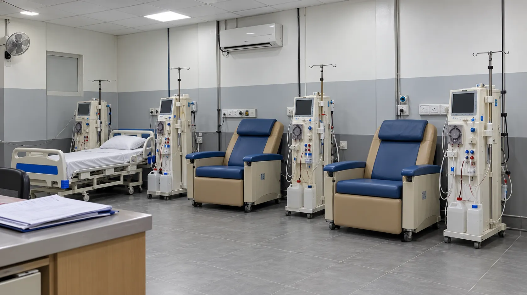 Dialysis machines and treatment chairs in the dialysis centre at Sarwet Anver Medical Complex
