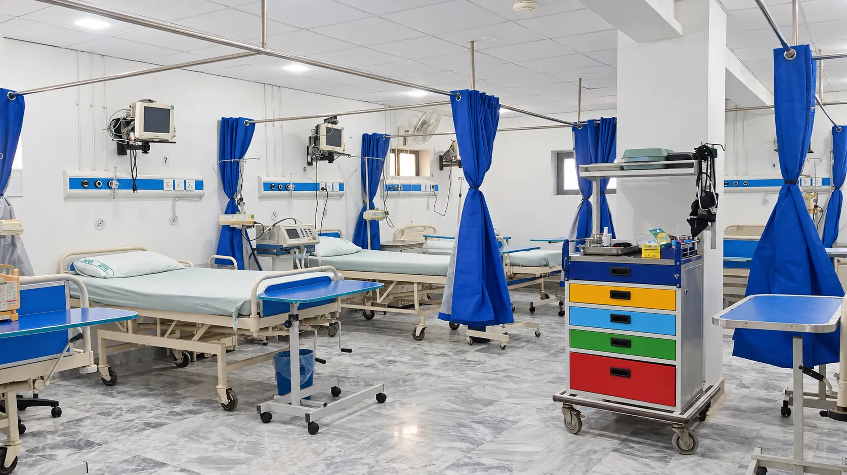 A wider view of ICU beds and bedside equipment at Sarwet Anver Medical Complex